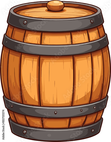 Classic wooden barrel illustration with reinforced metal rings and smooth curved shape, perfect for medieval designs, pirate themes, tavern decor, fantasy game assets