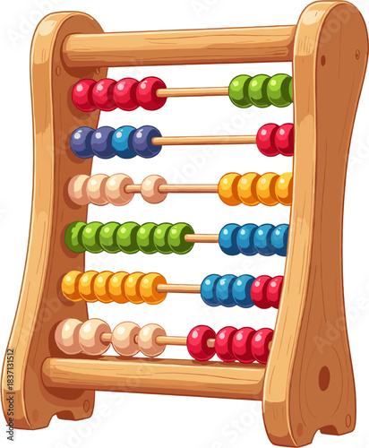 Colorful wooden abacus illustration with vibrant counting beads arranged on sturdy rods, perfect for educational graphics, math learning materials, school designs, childhood