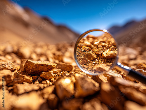 Magnifying glass focusing golden rocks dry landscape, showcasing geological features