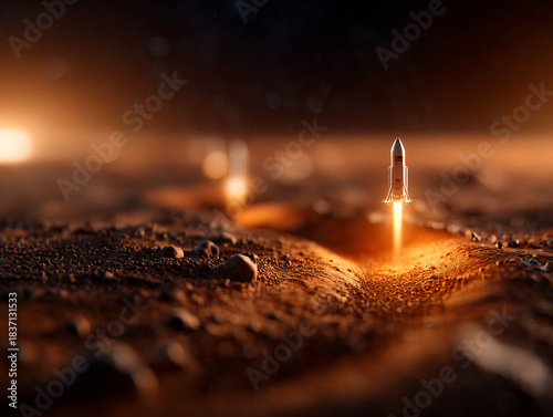 Rocket launches from Martian surface, illuminating rocky terrain with warm glow