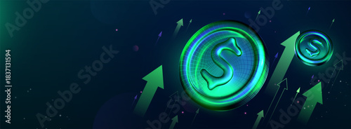 Financial Growth and Currency Market Rise with Neon Arrows and Coins. Dollar USD Coin Wealth Vector Illustration. Perfect Concept for Fintech Business. Crypto Investment.