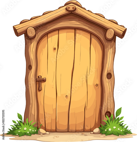 Rustic wooden door illustration featuring natural grain texture, curved frame and warm earthy tones, perfect for fantasy designs, fairy-tale themes, medieval artwork