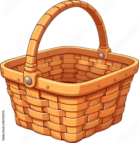 Charming hand-woven wicker basket illustration featuring warm wooden tones and detailed weaving texture, ideal for picnic themes, market designs, rustic projects, product packaging and nature-inspired
