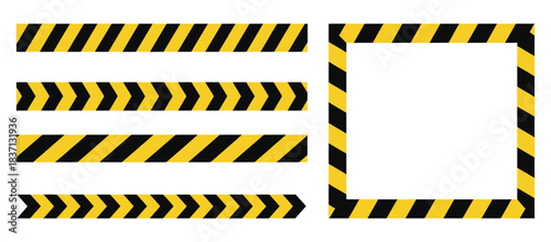 Yellow and black caution tape patterns, featuring bold hazard borders and safety stripe elements, ideal for warning signs