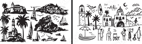 lighthouse clipart illustration, coastal landscape sketches, seaside nature drawings, nautical scenery art, hand drawn lighthouse scenes, black white coastal clipart, printable seaside illustrations, 