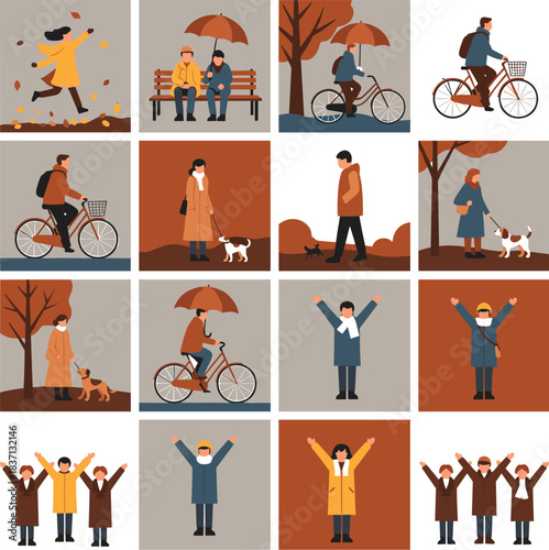 Flat Design Vector Set of People Outdoors in Autumn, Cycling, Walking Dogs, and Under Umbrellas, Perfect for Seasonal Lifestyle and Fall Activity Graphics.