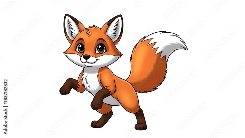 Obraz premium Charming cartoon fox mascot standing with a friendly expression, great for kids’ books, branding, and playful design projects.