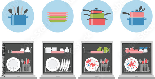 Cartoon Dishwashers with Clean and Dirty Dishes and Kitchenware Icons – Educational Illustration for Appliance Use and Organization