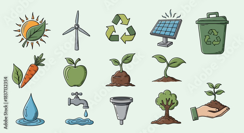 Eco awareness icon collage featuring wind turbine, recycling, plants, solar panel and sustainable environment symbols.