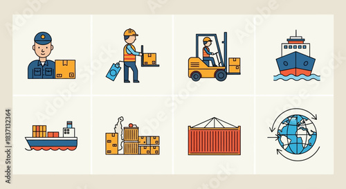 Series of shipping and logistics icons depicting cargo handling, transport, and global trade in a business context.