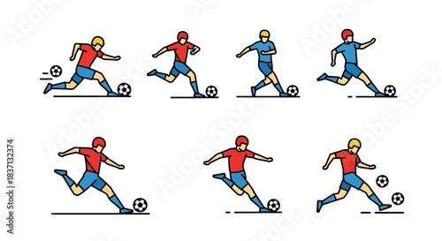 Colorful soccer players in action across a dynamic field illustration.