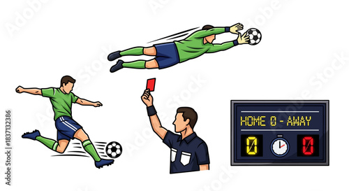 Dynamic soccer match action featuring players, goalkeeper, and scoreboard.