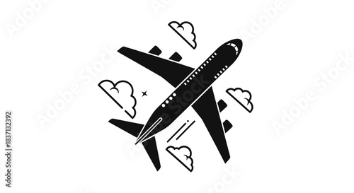 Black outlined airplane with floating hearts illustrating love of travel and flight.