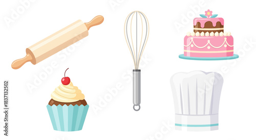 Collection of baking tools and sweet desserts including a rolling pin, whisk, cake, cupcake, and chef's hat on a white background.