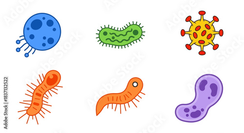 A collection of colorful cartoon microorganisms, including bacteria, viruses, and other microbes, depicted with various shapes and features.