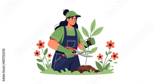 A young woman gardener in overalls and gloves prunes a small plant with shears in a vibrant garden setting.