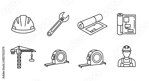 Industrial construction tools, equipment, and workers at a job site.