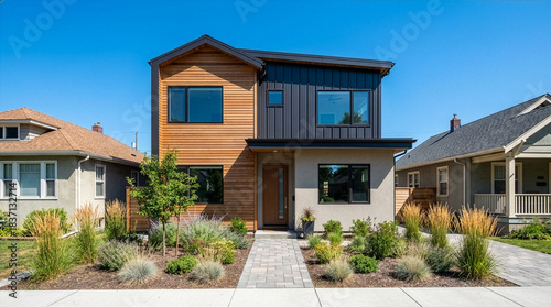 Fototapeta Naklejka Na Ścianę i Meble -  Narrow modern house with wood siding and minimal front yard landscaping