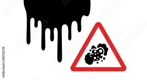Black liquid dripping with a red triangular warning sign indicating a health hazard or harmful substance.