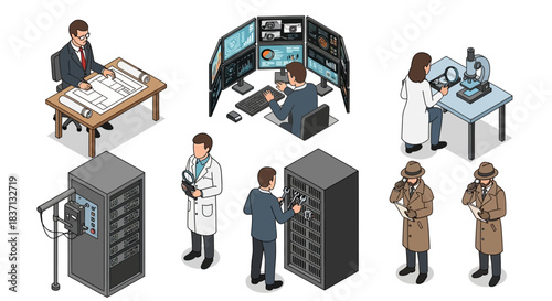 Isometric illustrations depicting various professional roles including architect, IT specialist, scientist, and detective, with related equipment.