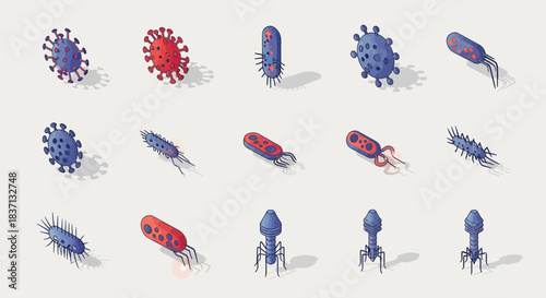 Isometric illustration set of various viruses and bacteria, showing different shapes and colors of microscopic pathogens.