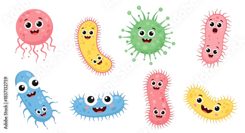Collection of cute cartoon microbes, bacteria, and viruses with happy faces, illustrating microscopic life.