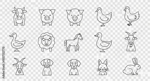 A collection of outline icons featuring various farm animals and common pets like cows, pigs, chickens, ducks, sheep, horses, goats, dogs, and rabbits.