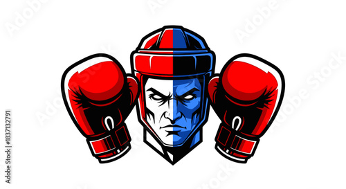 A powerful graphic illustration of a boxer's head with a split red and blue headguard, flanked by red boxing gloves, conveying determination and strength.