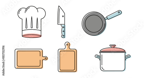 A collection of essential kitchen utensils and cooking equipment, including a chef's hat, knife, pan, cutting boards, and a pot.