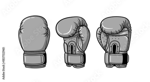 Three grey boxing gloves in different positions, illustrated in a vector style on a white background.