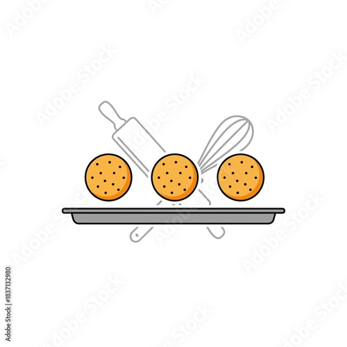 Three Round Cookies on a Baking Tray with Rolling Pin and Whisk