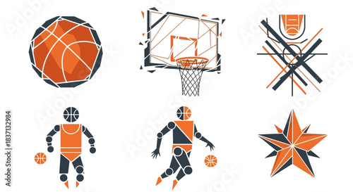 Geometric and abstract basketball-themed vector illustrations featuring ball, hoop, court, players, and a star.