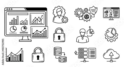 Collection of line art icons representing data analysis, security, cloud computing, and business management concepts.