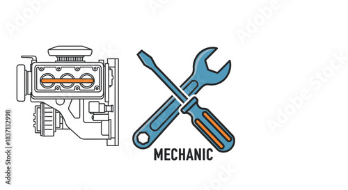 Illustration of an engine part next to crossed wrench and screwdriver with 'MECHANIC' text.