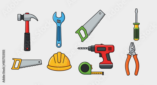 Colorful illustration of essential construction and DIY hand and power tools, featuring a hammer, wrench, saws, screwdriver, drill, helmet, measuring tape, and pliers.
