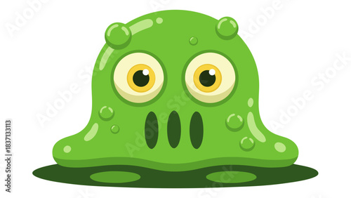 Green Blob Monster Character With Big Eyes and Bubbles in Pixel Art Style on a Dark Background