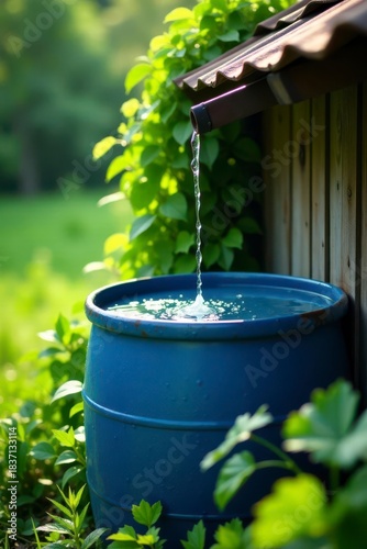 Serene scene of rainwater collecting in a blue barrel beneath a rustic roof gutter, surrounded by lush green vegetation