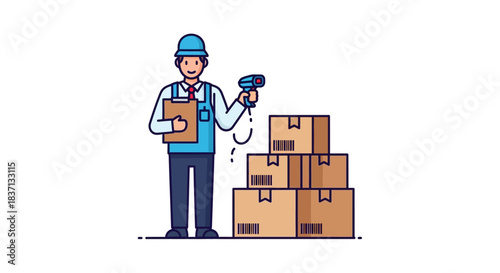 A warehouse worker in a blue uniform scanning barcodes on stacked cardboard boxes, illustrating logistics and inventory management.