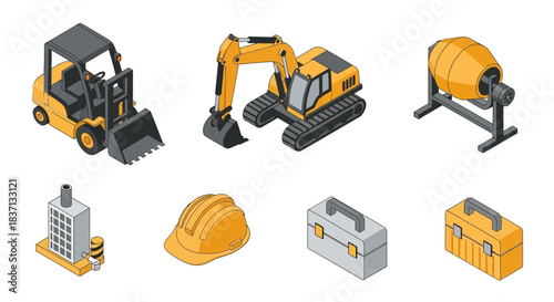 Industrial construction site with heavy equipment and safety gear.