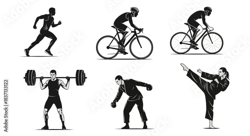 Six black and white silhouettes of athletes engaged in various sports activities including running, cycling, weightlifting, and martial arts.