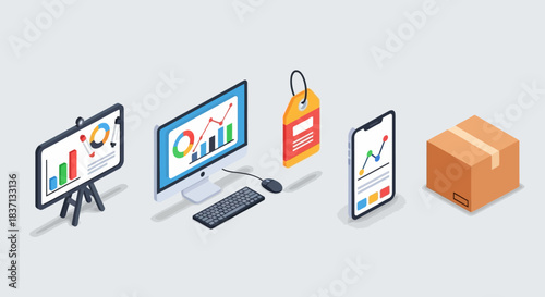 Isometric icons representing business analytics, e-commerce, and digital marketing tools including charts, computers, smartphones, price tags, and delivery boxes.