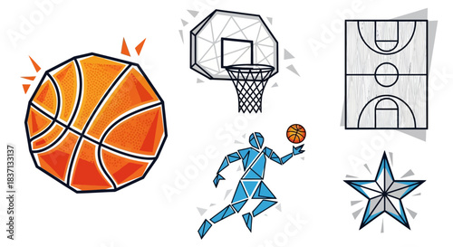 Geometric style basketball elements set including a ball, hoop, court, player, and star icon, vector illustration.