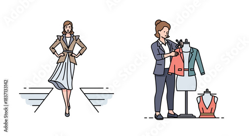 Fashion industry illustrations featuring a woman modeling a suit on a runway and a designer working with a mannequin.