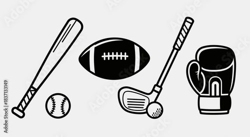 Collection of various sports equipment including baseball bat, football, golf club, and boxing glove in a simple black and white illustration.