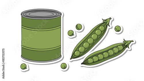 Green Canned Peas and Fresh Pea Pods on a Black Background Simple Illustration