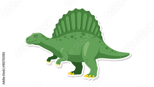 Green cartoon dinosaur with yellow claws and spiky green dorsal fin standing on a transparent background