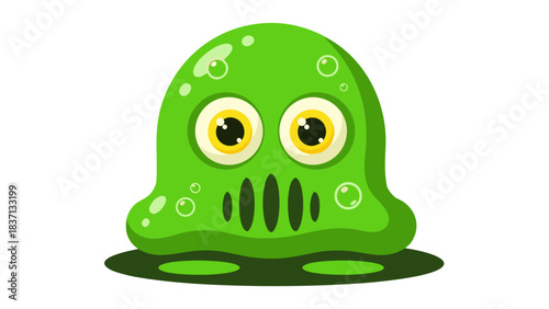 Green Cartoon Slime Monster with Big Yellow Eyes and Bubbles on Black Background