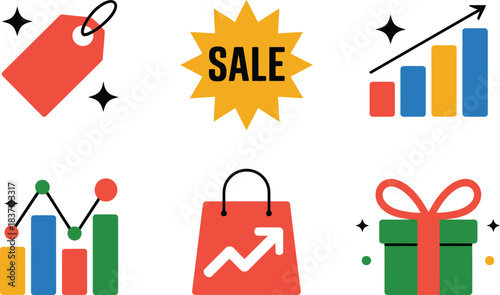 Business and Sales Icons: Growth, Shopping, and Discounts