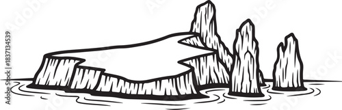 Stylized black and white drawing of an iceberg with sharp peaks