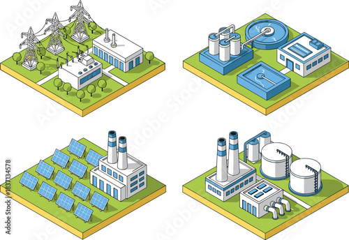 Isometric Industrial and Energy Facility Set Featuring Power Substation, Water Plant, Solar Station, and Chemical Refinery Illustration